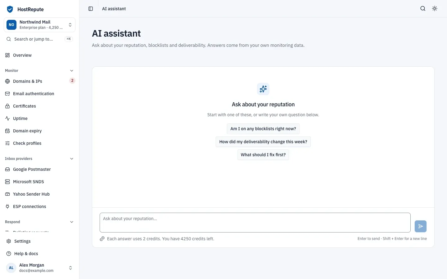 The AI assistant with an empty chat, three suggested questions, the question box and the credit cost of each answer.