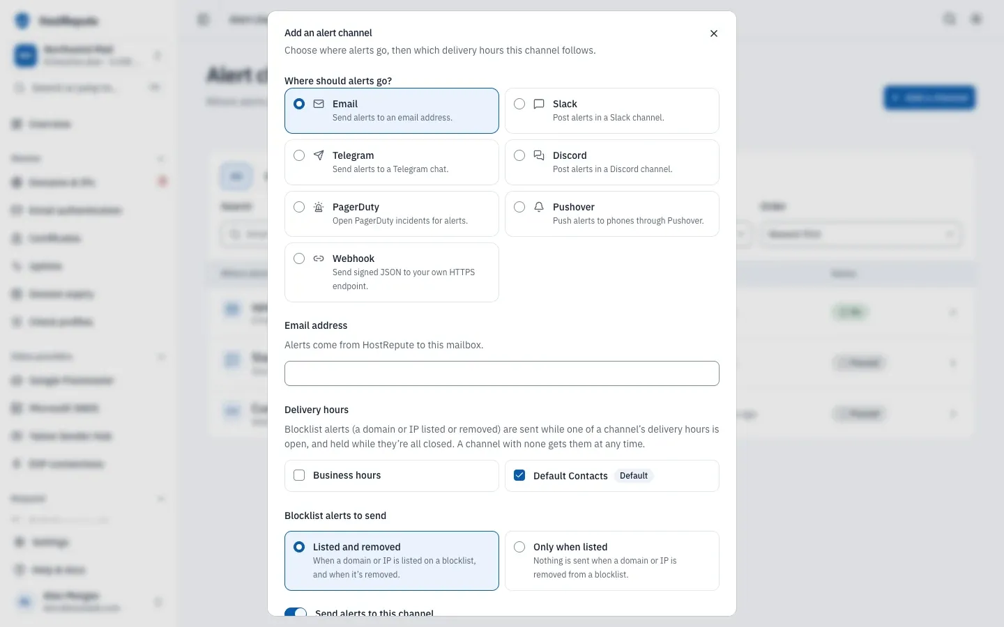 The Add an alert channel dialog: the seven channel types, the email address field, the delivery hours with the default ones ticked, and the choice between Listed and removed and Only when listed.