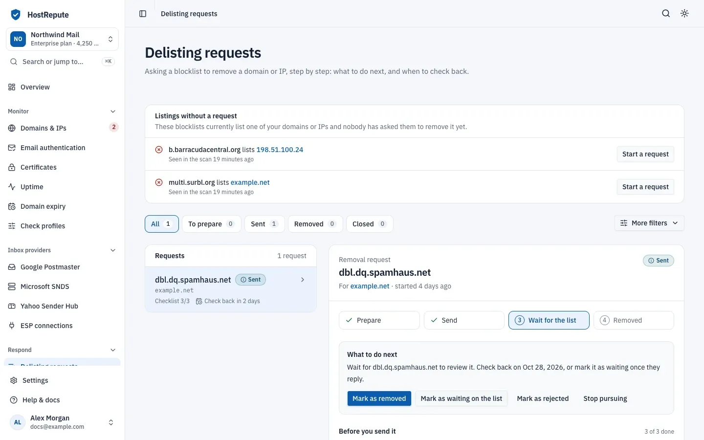 Delisting requests with listings that have no request yet, the stage filters, and a Sent request to dbl.dq.spamhaus.net for example.net at the Wait for the list step with its next actions.