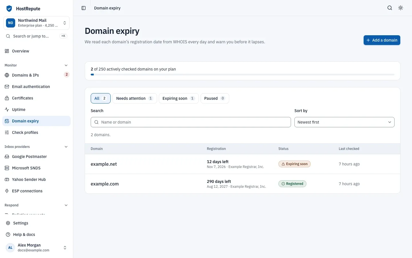 The Domain expiry page with two domains: example.com marked Registered and example.net marked Expiring soon, each with its expiry and registrar.