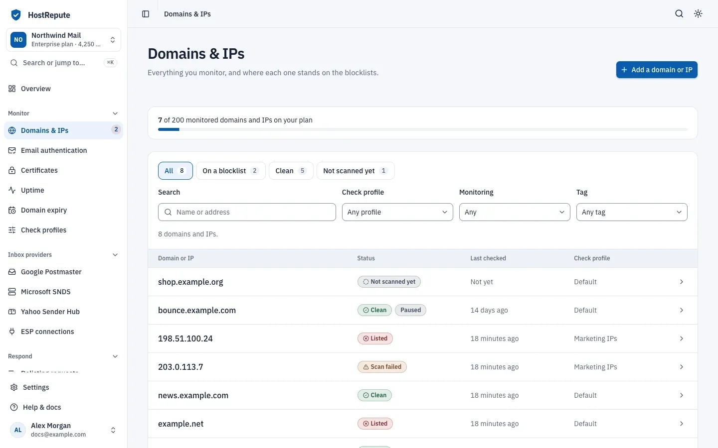 The Domains & IPs list: the plan usage meter, the Show filter with All, On a blocklist, Clean and Not scanned yet, the search and filter fields, and rows with each domain or IP's status, last check and check profile.