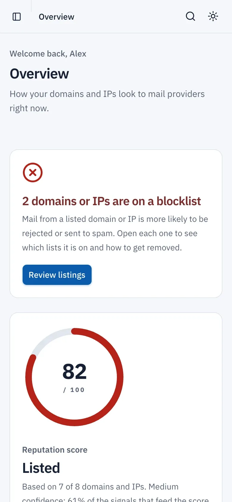 The top of the Overview on a phone: the blocklist banner with its Review listings button and the reputation score ring below it.