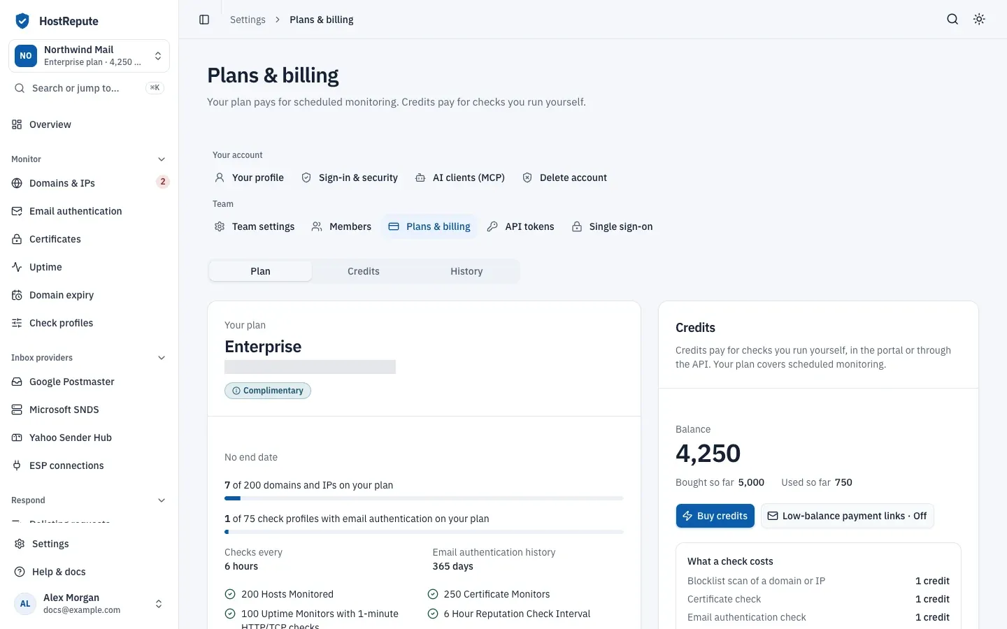 Plans & billing on the Plan tab: the team's Enterprise plan with a Complimentary badge, its usage meters and features, next to the Credits card with Buy credits and Low-balance payment links.