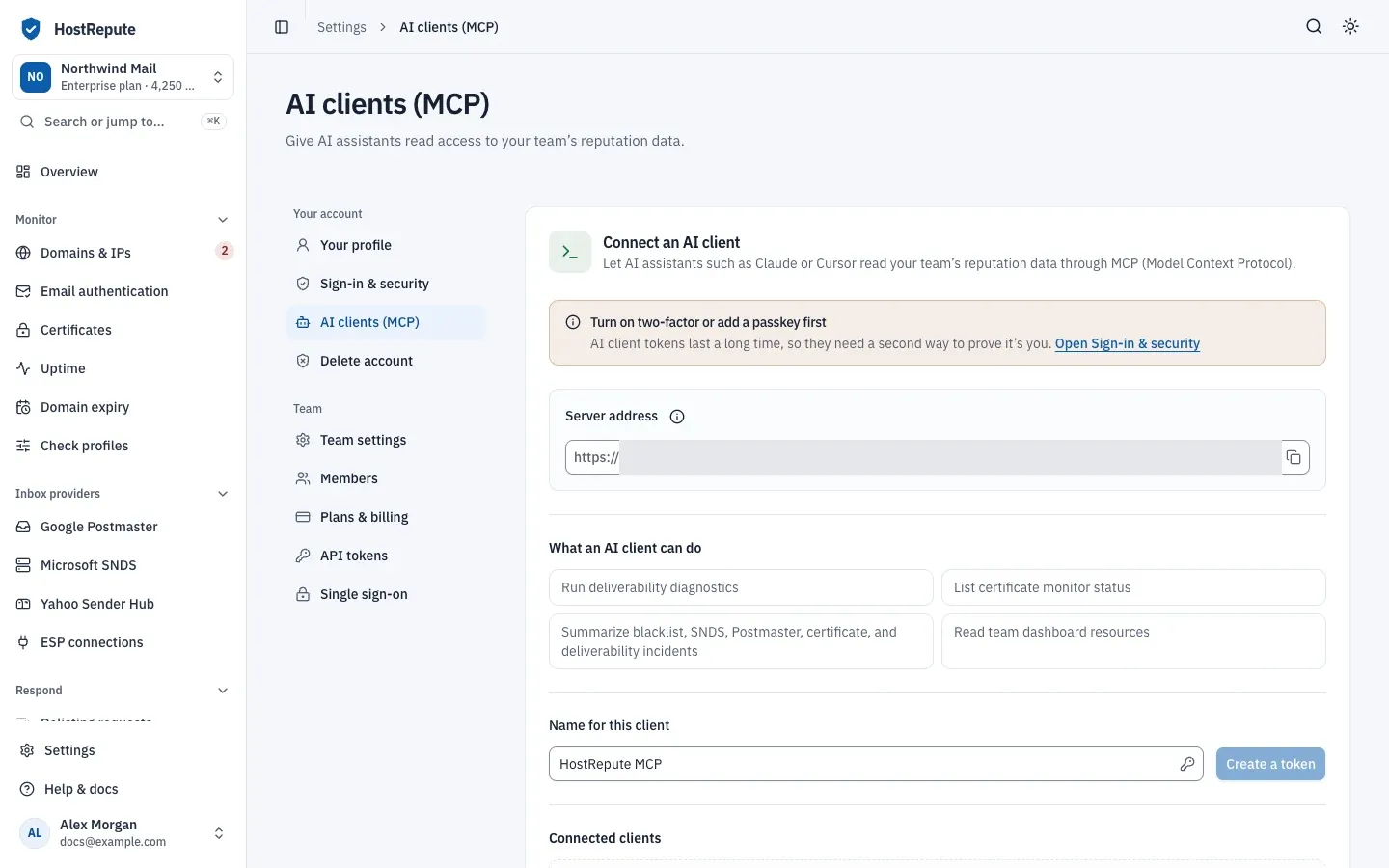 The AI clients (MCP) settings page: a notice to turn on two-factor or add a passkey first, the server address field, what an AI client can do, and the token name field with a greyed-out Create a token button.