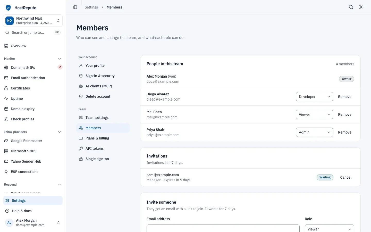 The Members page: People in this team with a role picker and Remove button next to each member, the Invitations list with a waiting invitation and its Cancel button, and the start of the Invite someone form.