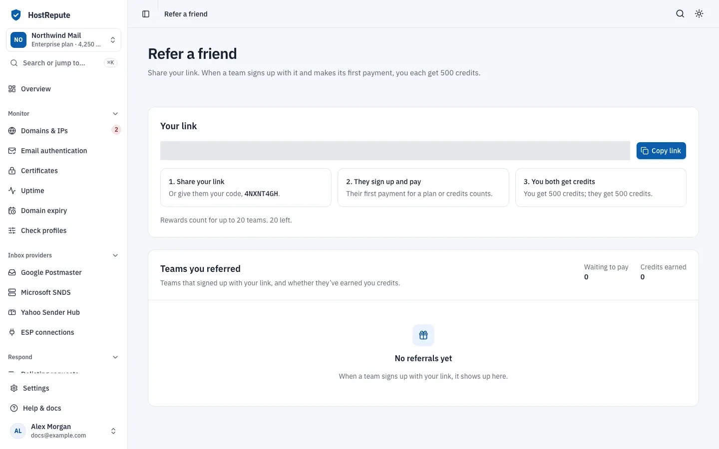 The Refer a friend page: the team's link with Copy link, the three steps from sharing to both teams getting credits, how many rewards are left, and an empty Teams you referred list.